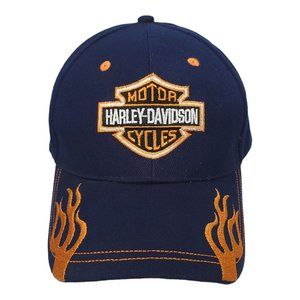 Harley Davidson Strapback Cap Biker Trucker Baseball Hat Blue Orange Flames